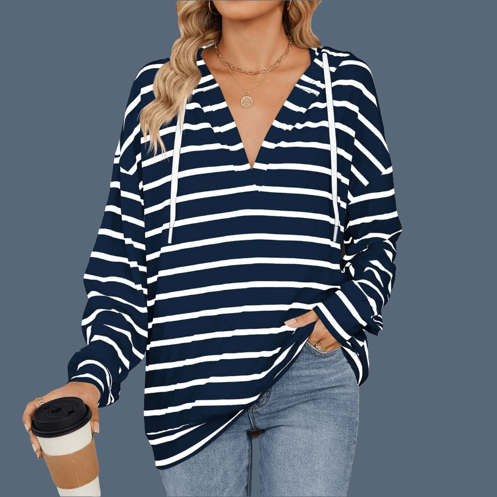 Hoodie w/ Drawstrings-Striped Long Sleeve Sweatshirt