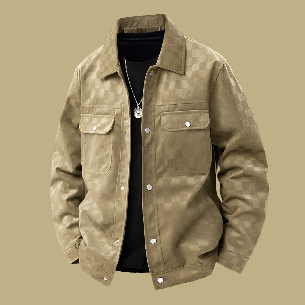 Hip Retro Suede Chessboard Pattern Collared Jacket - Men's Cool Weather Seasonal Must Have