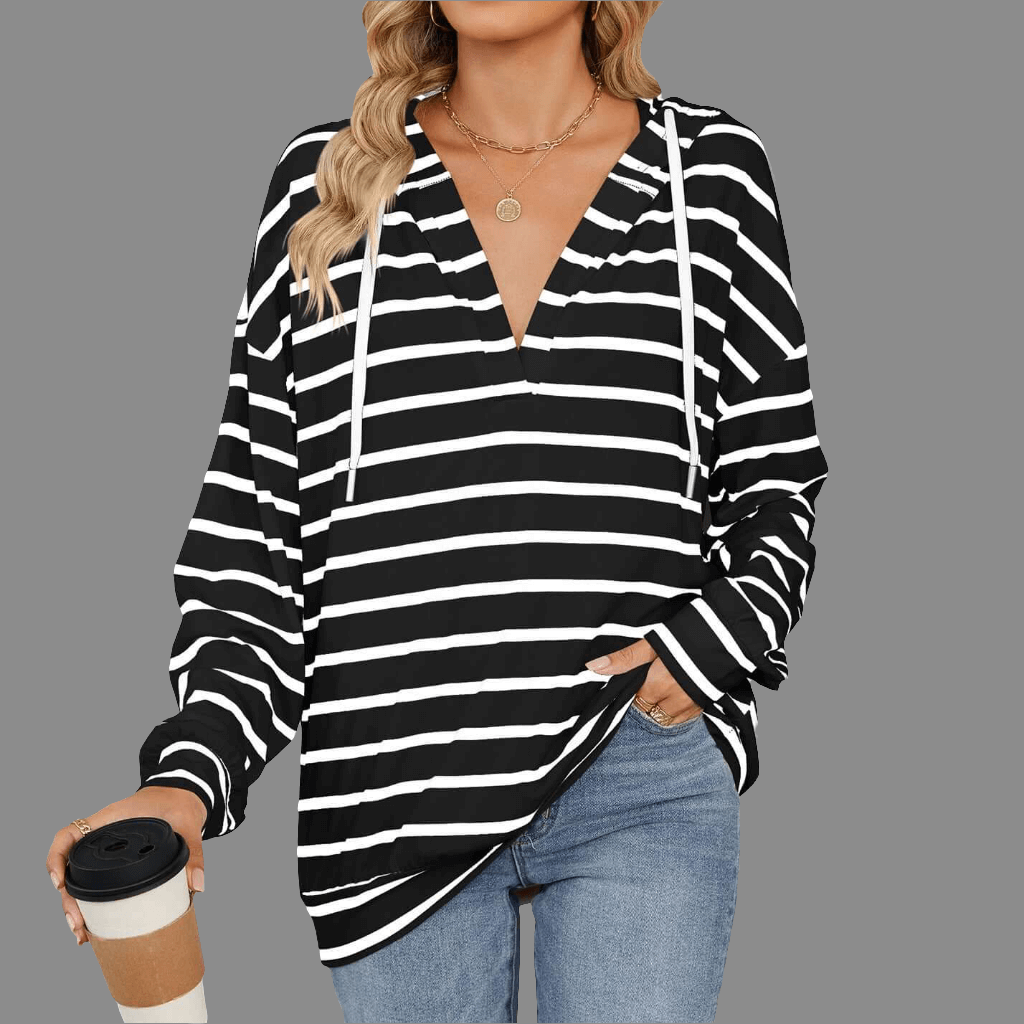 Hoodie w/ Drawstrings-Striped Long Sleeve Sweatshirt