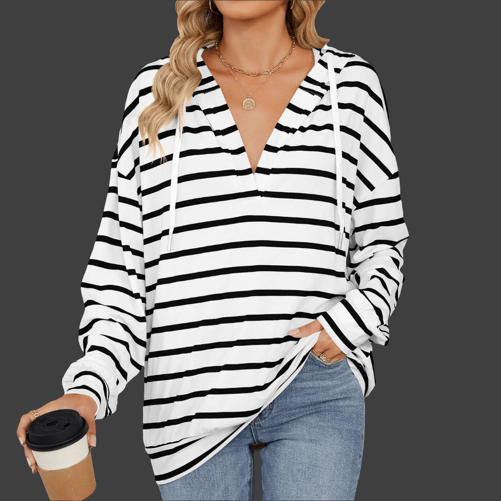 Hoodie w/ Drawstrings-Striped Long Sleeve Sweatshirt