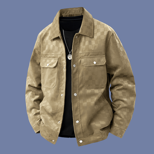 Hip Retro Suede Chessboard Pattern Collared Jacket - Men's Cool Weather Seasonal Must Have