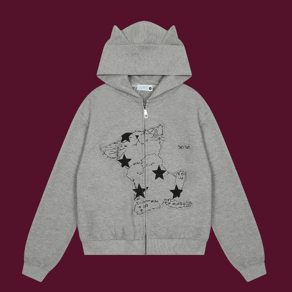 Warm Retro Lazy Kitten Embroidered Hooded Jacket with Kitty Ears 😺