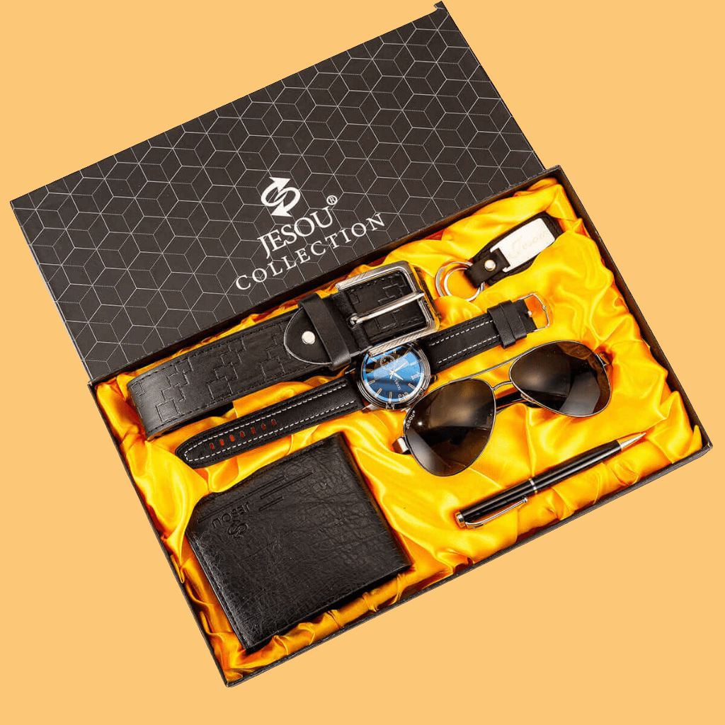 GIFT SET- Men's 6pc.-Sunglasses-Belt-Wallet-Key Chain-Large Dial Quartz Watch-Pen