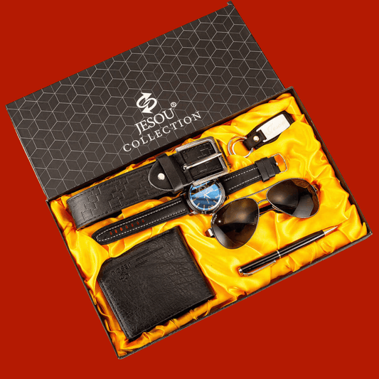 GIFT SET- Men's 6pc.-Sunglasses-Belt-Wallet-Key Chain-Large Dial Quartz Watch-Pen