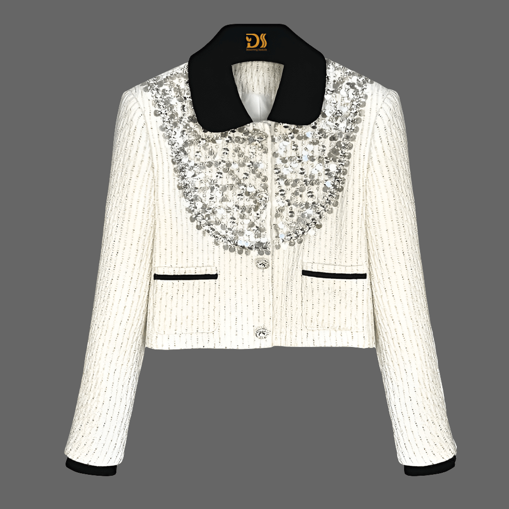 Women's Fashion Short Tweed Coat - White Exquisite Rhinestones