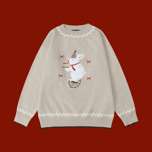 Women's Casual Round Neck Sweater - Vintage Cute Rabbit Plush 🐰 Embroidered