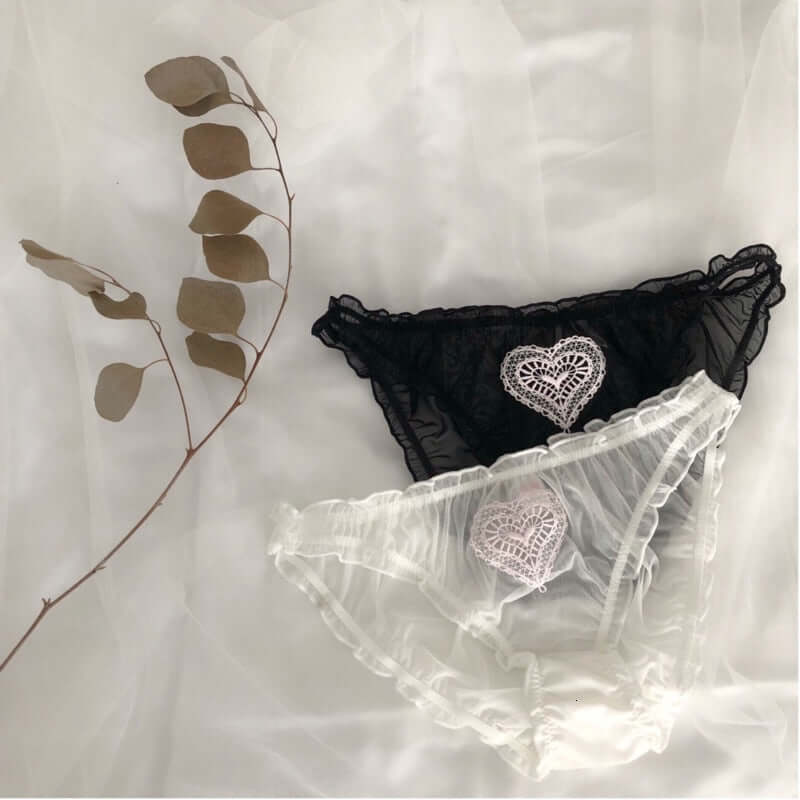 Embroidered Panties- Thin Sexy Sheer Heart Ruffles