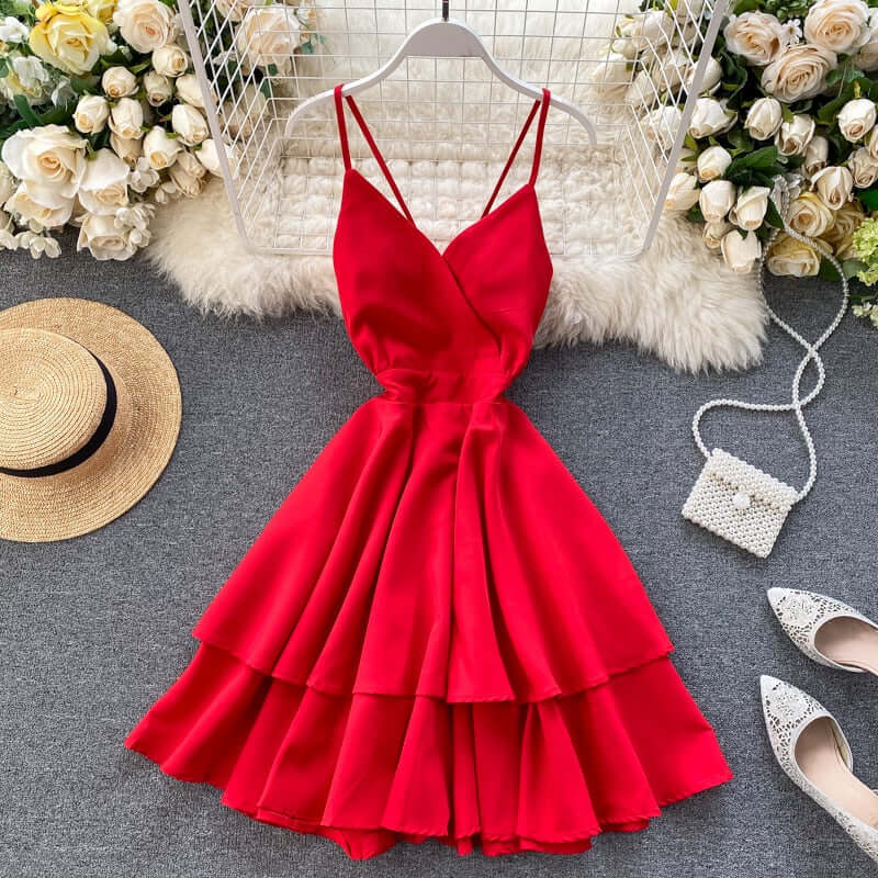 FMFSSOM Summer Spring Beach Holiday V-Neck Backless Lace Up Ruffles Cakes Solid Elegant Women Lady A-line High Waist Dress