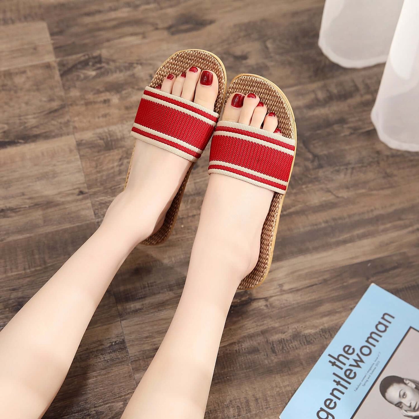 Slippers female summer linen flip shoes couple home slippers indoor deodorant wood floor beach slippers men's summer