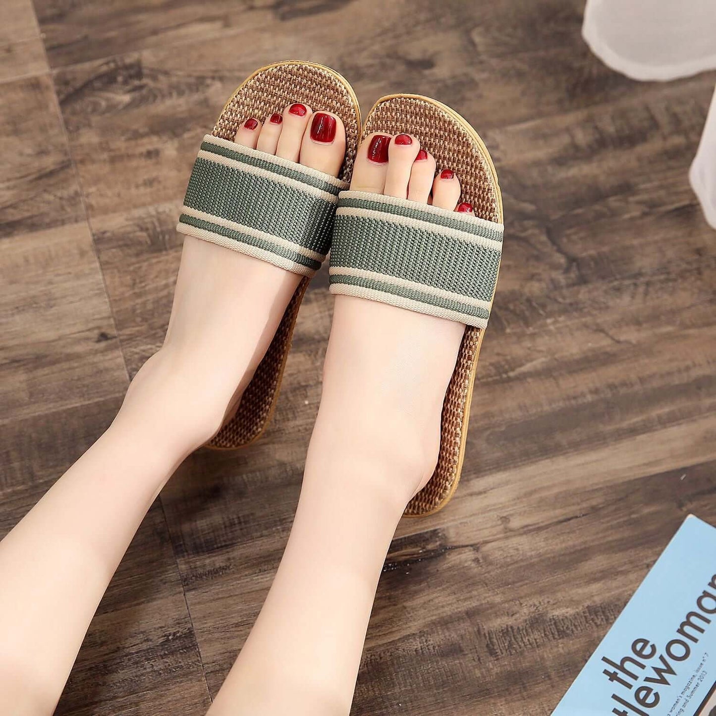 Slippers female summer linen flip shoes couple home slippers indoor deodorant wood floor beach slippers men's summer