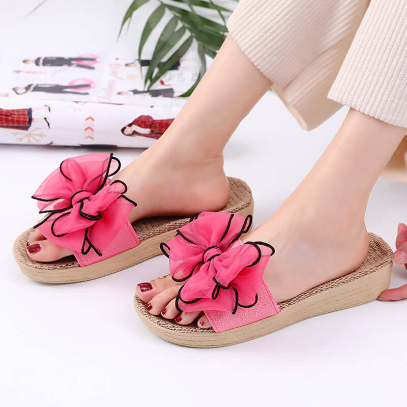 T-1 high-heeled slope with big bow ladies home wood floor summer weak slippers sandals seastern linen