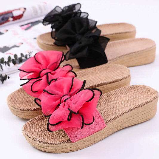 T-1 high-heeled slope with big bow ladies home wood floor summer weak slippers sandals seastern linen