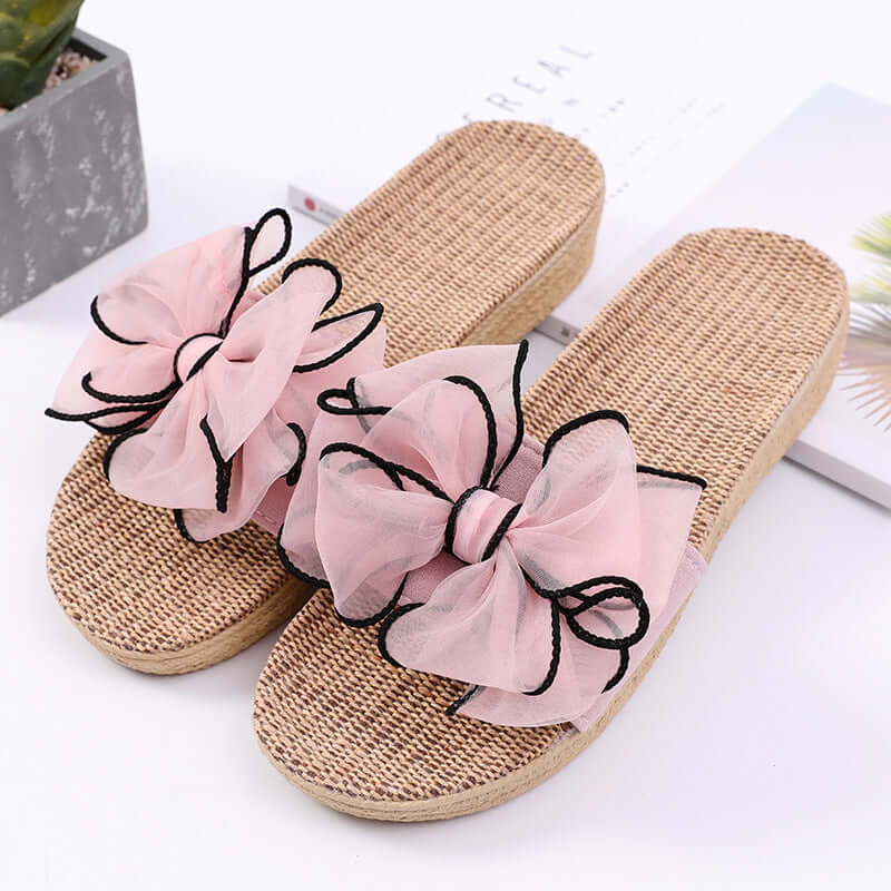 T-1 high-heeled slope with big bow ladies home wood floor summer weak slippers sandals seastern linen