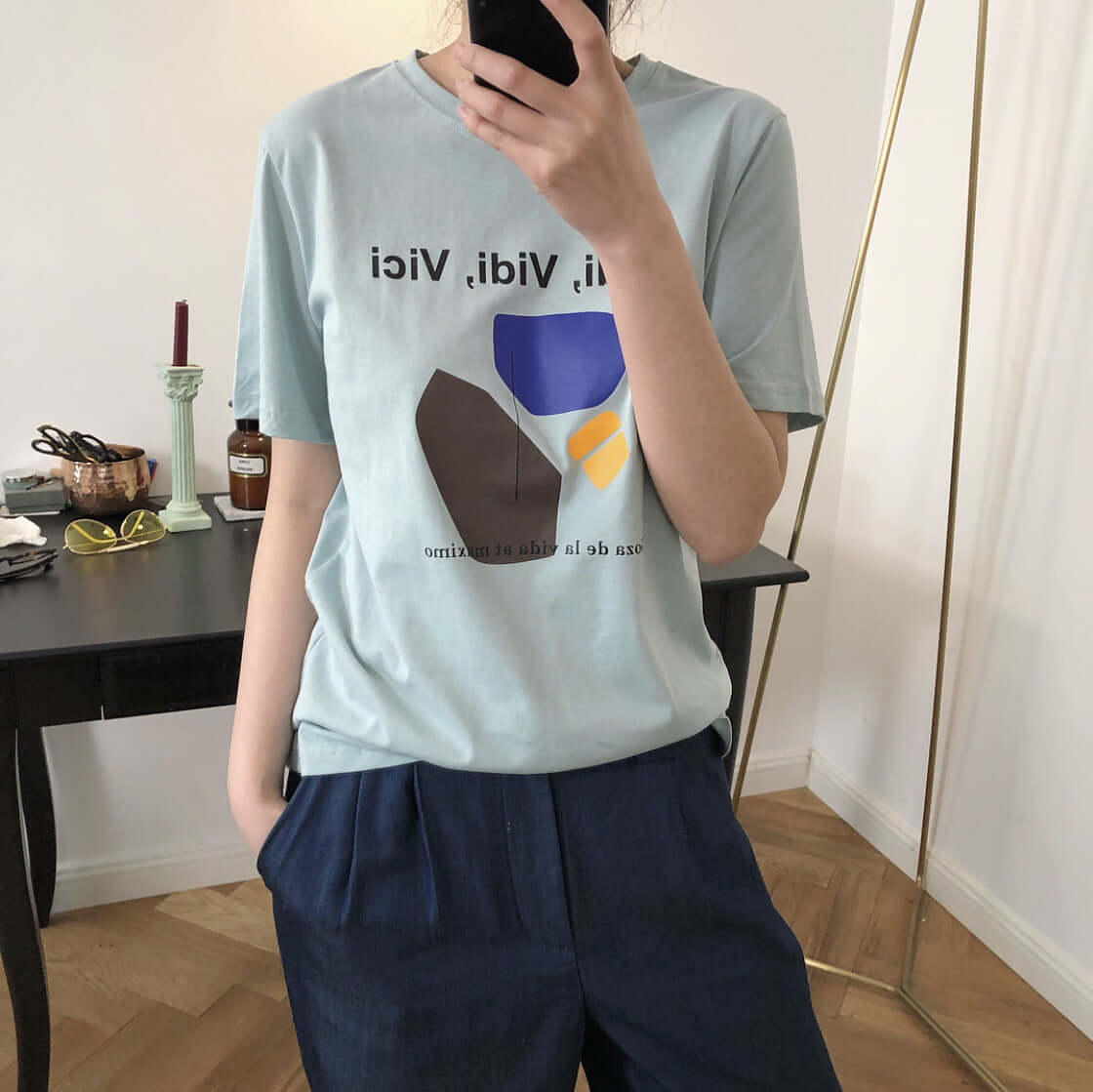 Lubei summer new Korea Chic simple abstract map round neck print t-shirt short sleeve design comfortable clothes women