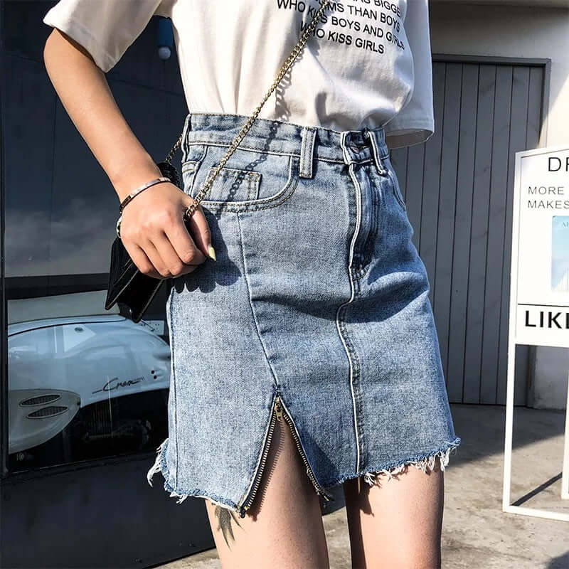 Trendy Popular Denim Skirt ~ Everyday Fashion Wear - Hip Irregular