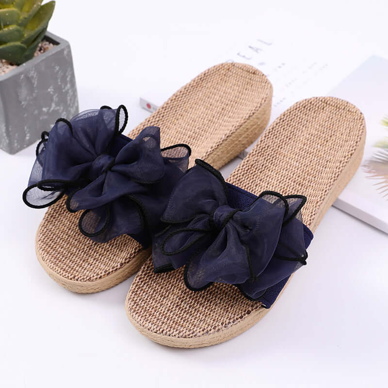 T-1 high-heeled slope with big bow ladies home wood floor summer weak slippers sandals seastern linen