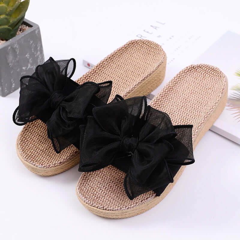 T-1 high-heeled slope with big bow ladies home wood floor summer weak slippers sandals seastern linen