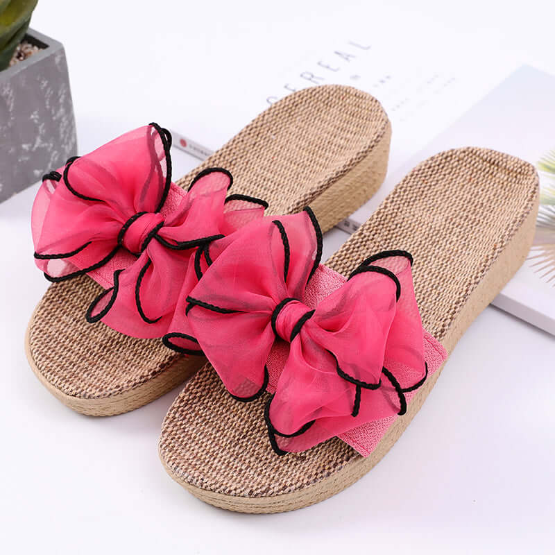 T-1 high-heeled slope with big bow ladies home wood floor summer weak slippers sandals seastern linen