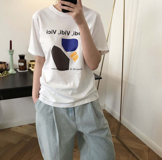 Lubei summer new Korea Chic simple abstract map round neck print t-shirt short sleeve design comfortable clothes women