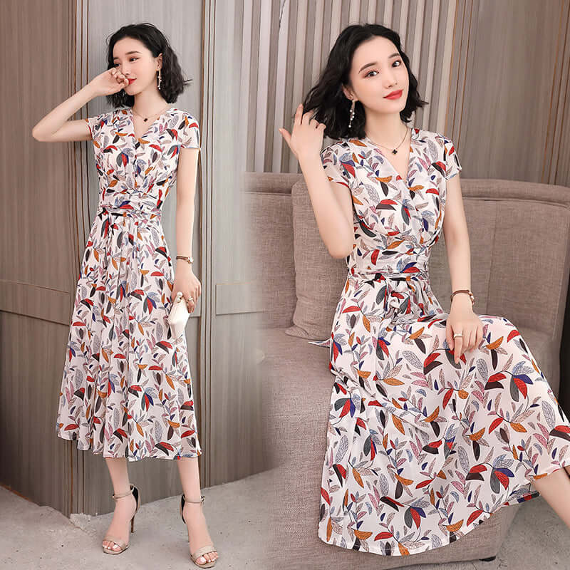 Summer women's temperament V-neck print A word skirt thin chiffon dress YB5816