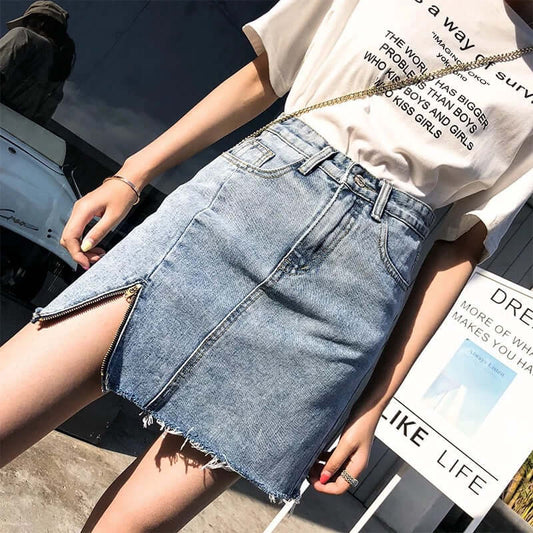 Trendy Popular Denim Skirt ~ Everyday Fashion Wear - Hip Irregular