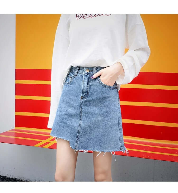 Trendy Popular Denim Skirt ~ Everyday Fashion Wear - Hip Irregular