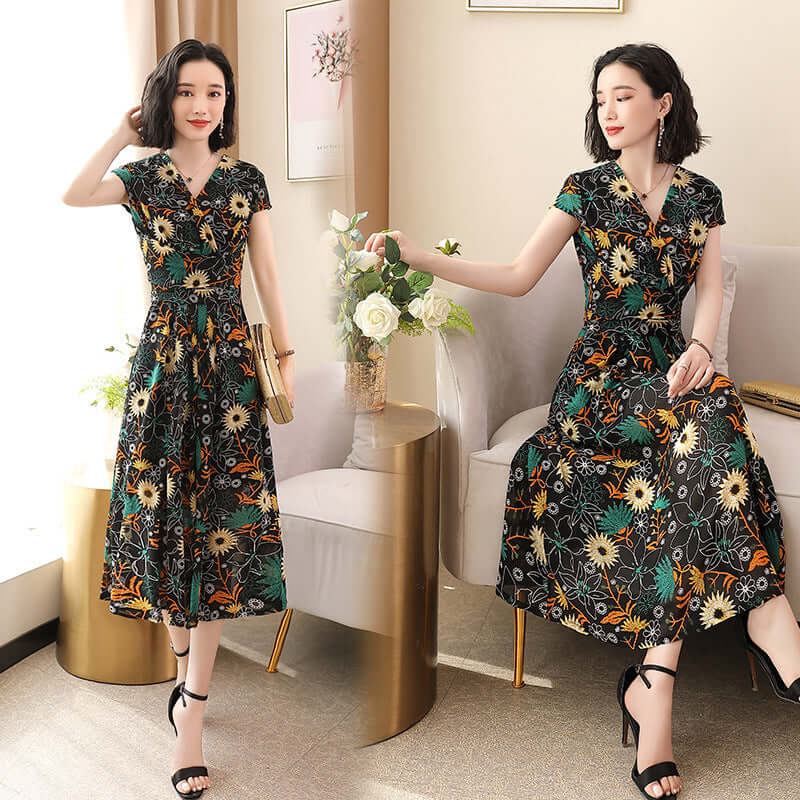 Summer women's temperament V-neck print A word skirt thin chiffon dress YB5816