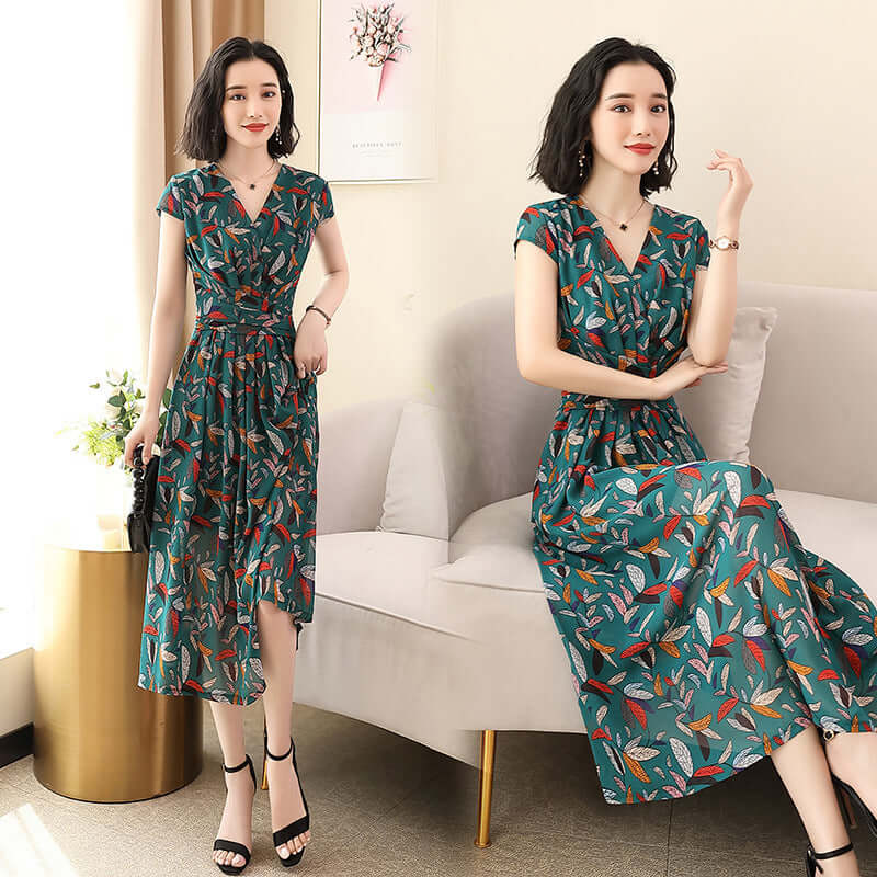 Summer women's temperament V-neck print A word skirt thin chiffon dress YB5816