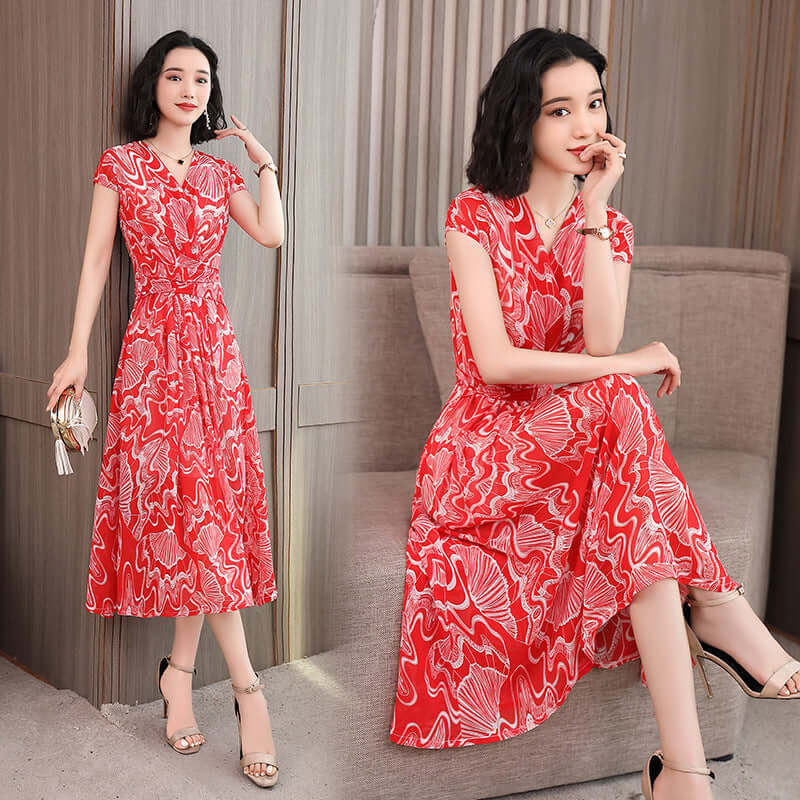 Summer women's temperament V-neck print A word skirt thin chiffon dress YB5816