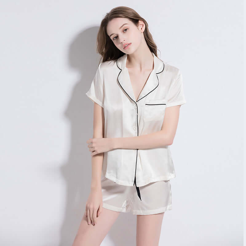 Summer silk pajamas female 19 Mmi two-piece short-sleeved shorts split loose silk silk home service suit