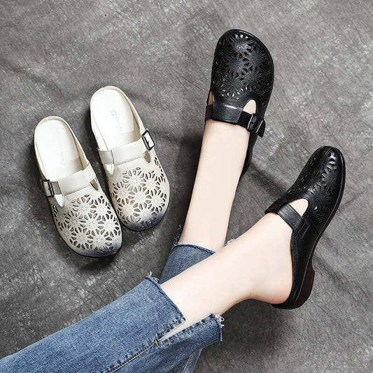 Summer Baotou sandals leather low heel soft bottom slippers female hollow retro true skin cool Dragman