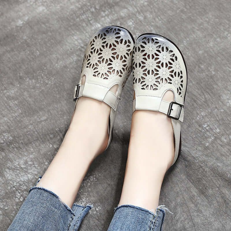 Summer Baotou sandals leather low heel soft bottom slippers female hollow retro true skin cool Dragman