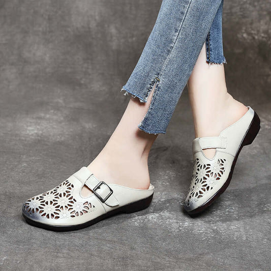 Summer Baotou sandals leather low heel soft bottom slippers female hollow retro true skin cool Dragman