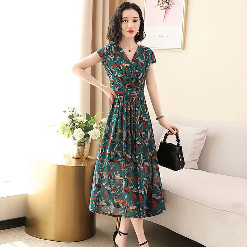 Summer women's temperament V-neck print A word skirt thin chiffon dress YB5816