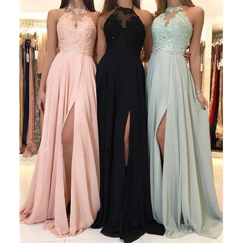 2020 summer new European and American Amazon hanging neck lace chiffon dress dance party evening dress on the long skirt new