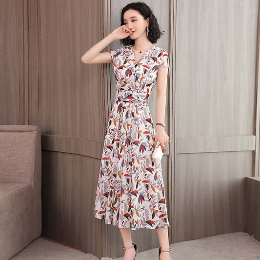 Summer women's temperament V-neck print A word skirt thin chiffon dress YB5816