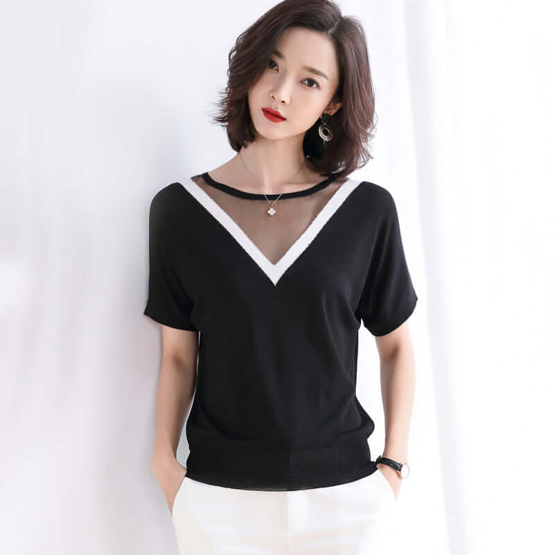 2021 new ice silk short sleeves female summer thin shared top Korean version of the loose hollow sweater T-shirt women's European station