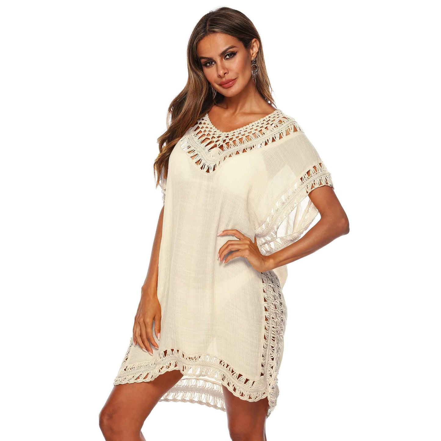 Cross-border solid color V-neck hand hook stitching smock sexy hollow loose beach smock skirt A1965 9 color spot