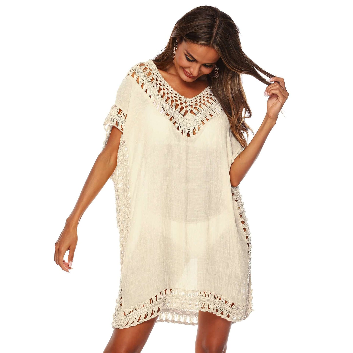 Cross-border solid color V-neck hand hook stitching smock sexy hollow loose beach smock skirt A1965 9 color spot