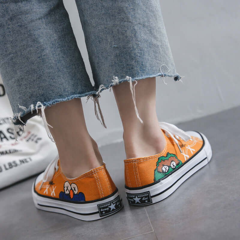 Hand-painted sesame street canvas shoes female students Korean new small dirty orange port small white tide shoes 2019 summer shoes shoes