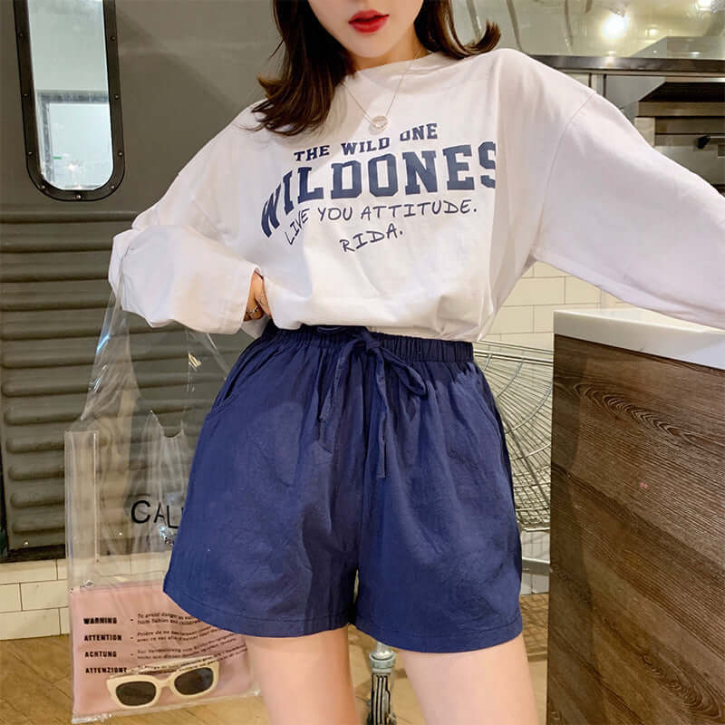 Cotton and linen shorts women's summer 2021 new loose sports casual high waist large size A-year linear wide leg port student