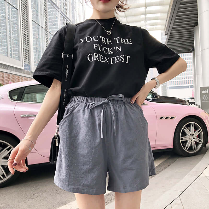 Cotton and linen shorts women's summer 2021 new loose sports casual high waist large size A-year linear wide leg port student