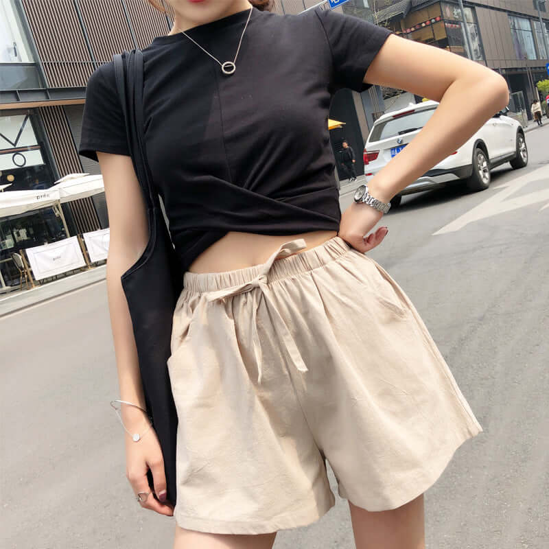 Cotton and linen shorts women's summer 2021 new loose sports casual high waist large size A-year linear wide leg port student