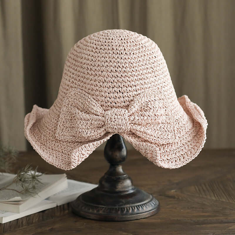 New Small Pork Straw Hat Female Summer Sunscreen Bow Fisherman Hat Folding Sunset Sand Beach Hood