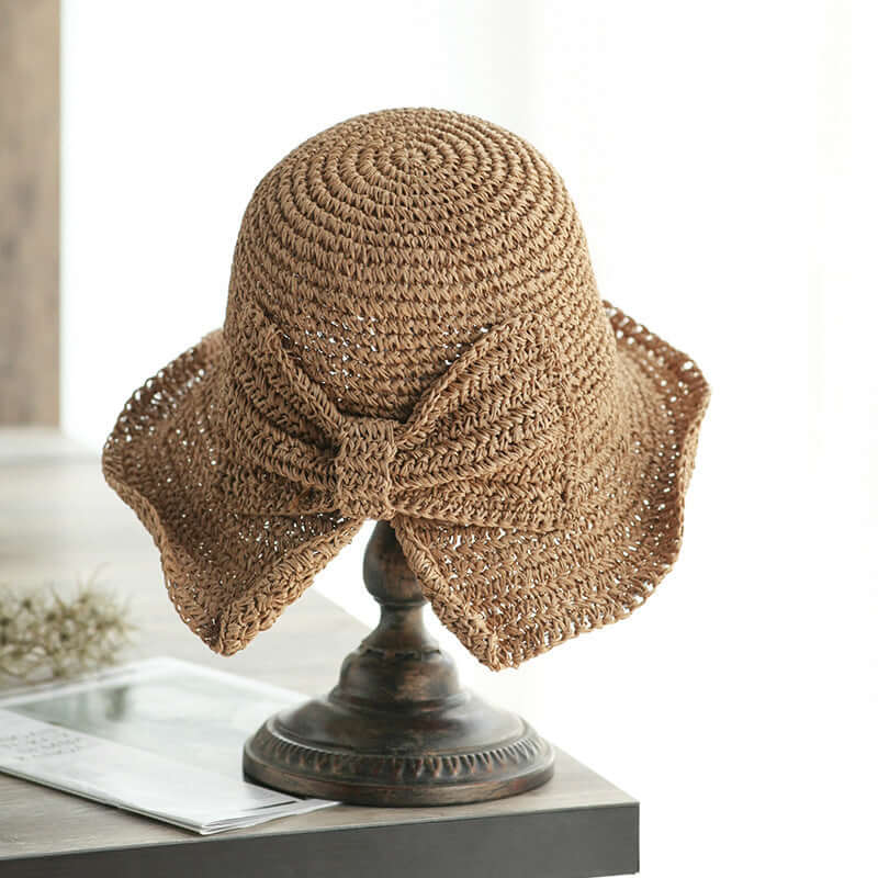 New Small Pork Straw Hat Female Summer Sunscreen Bow Fisherman Hat Folding Sunset Sand Beach Hood