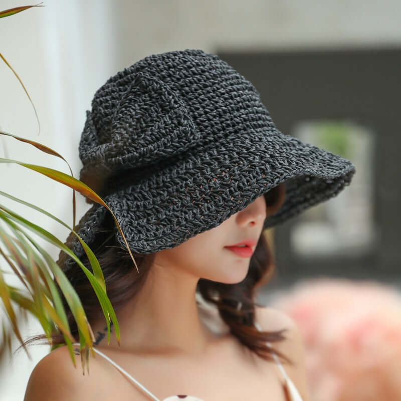 New Small Pork Straw Hat Female Summer Sunscreen Bow Fisherman Hat Folding Sunset Sand Beach Hood