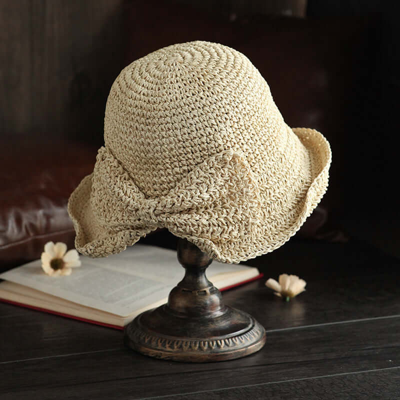 New Small Pork Straw Hat Female Summer Sunscreen Bow Fisherman Hat Folding Sunset Sand Beach Hood