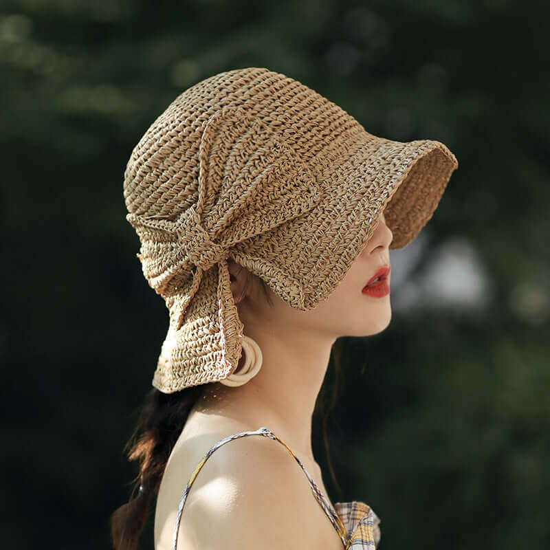 New Small Pork Straw Hat Female Summer Sunscreen Bow Fisherman Hat Folding Sunset Sand Beach Hood