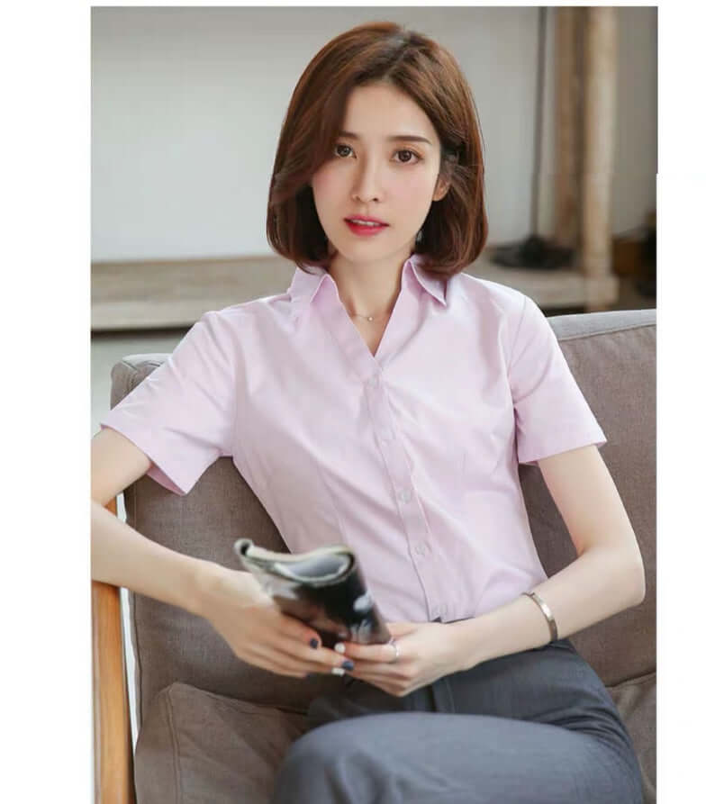 Fine twill short sleeve summer occupation slim woman shirt V collar ol temperament women's white blue student dress