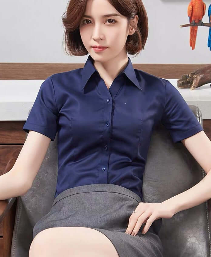 Fine twill short sleeve summer occupation slim woman shirt V collar ol temperament women's white blue student dress